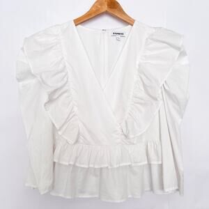 Express Ruffle Blouse Surplice Neck 3/4 Sleeves Cotton Cottage Size Small White